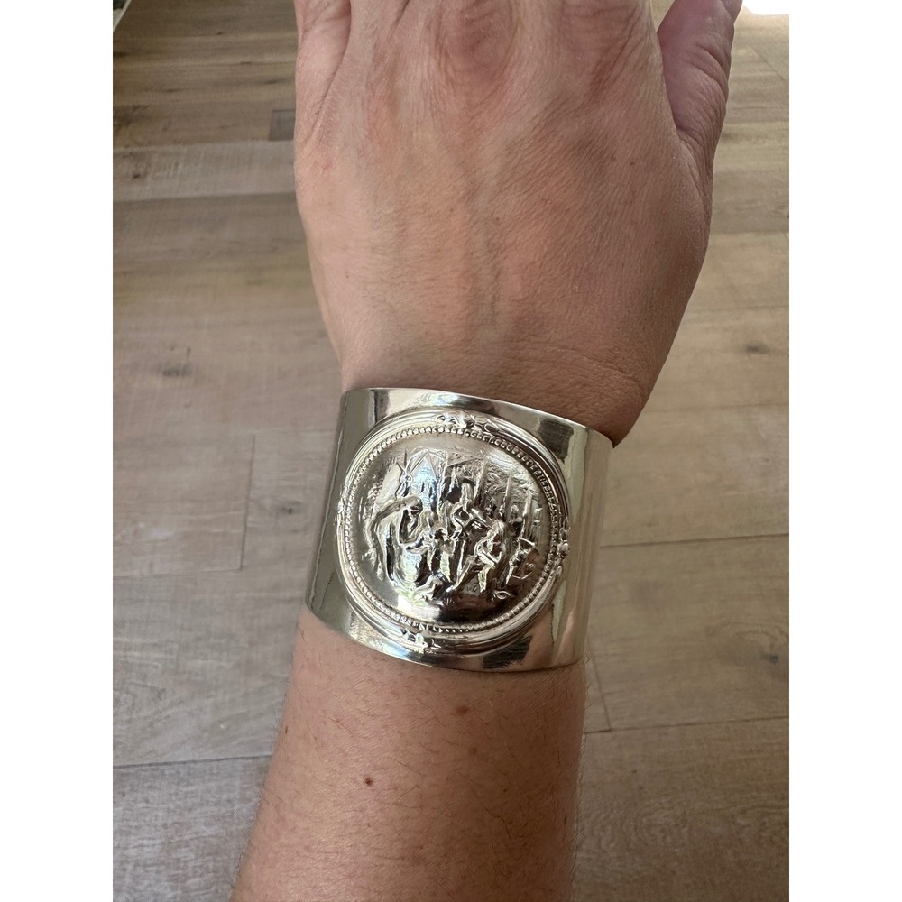 Vintage Hans Jensen Denmark Silver Medallion Wide Cuff Bracelet Statement